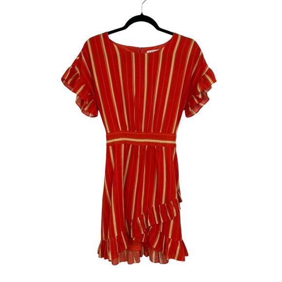THML Orange Yellow Striped Short Ruffle Sleeve Tie Back Dress Womens Size Small - Picture 1 of 6